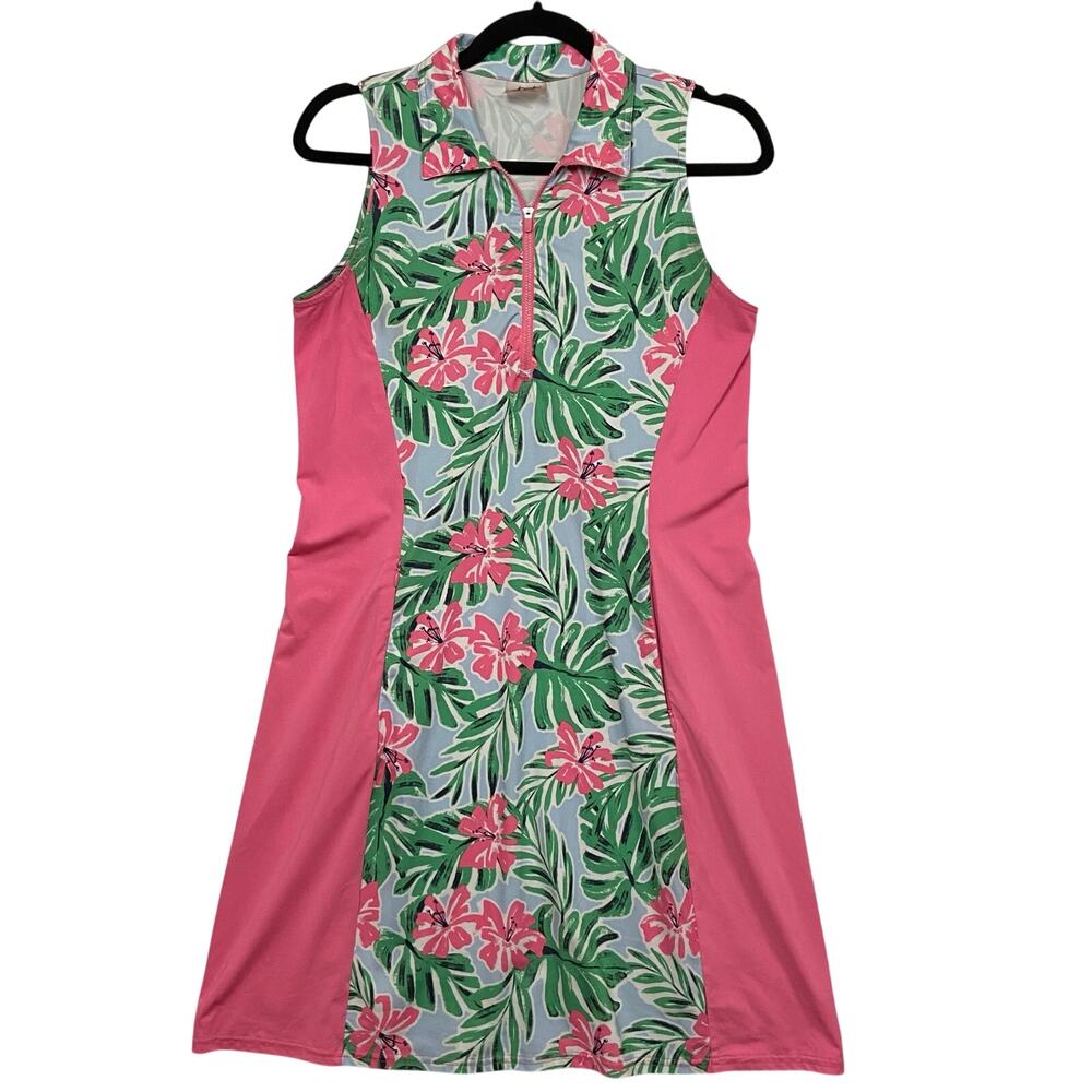 Jofit Women's Pink Green Hibiscus Print Sleeveless Golf Active Dress Size Small